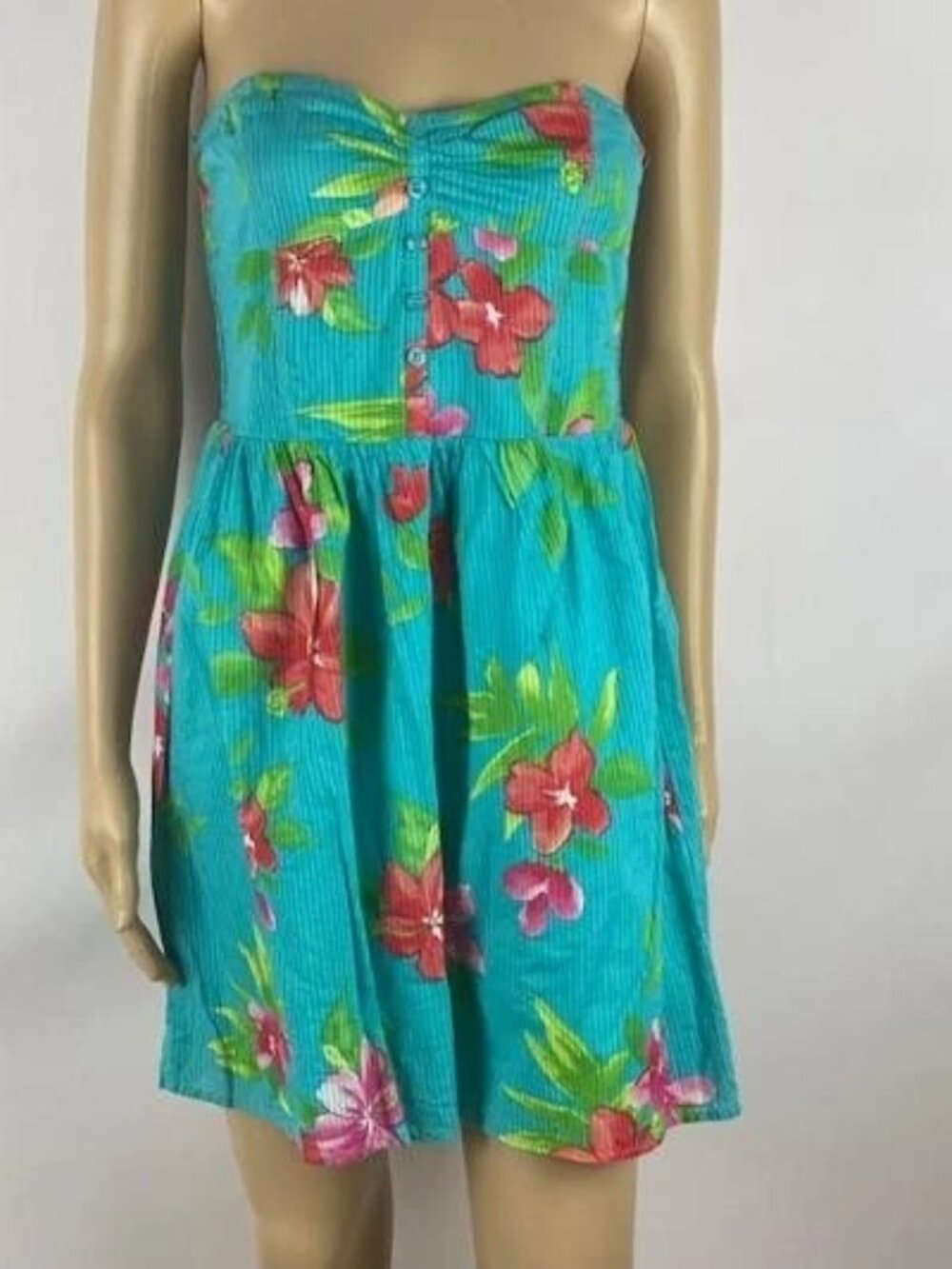 * Aeropostale Teal Floral Print Strapless Cotton Sundress Junior Size S Lined